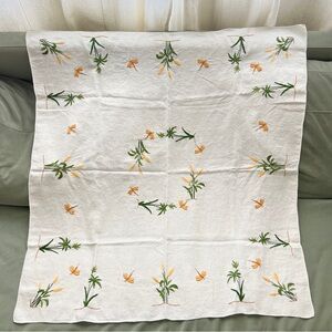 Vintage hand embroidered white linen tablecloth plants dragonflies green gold